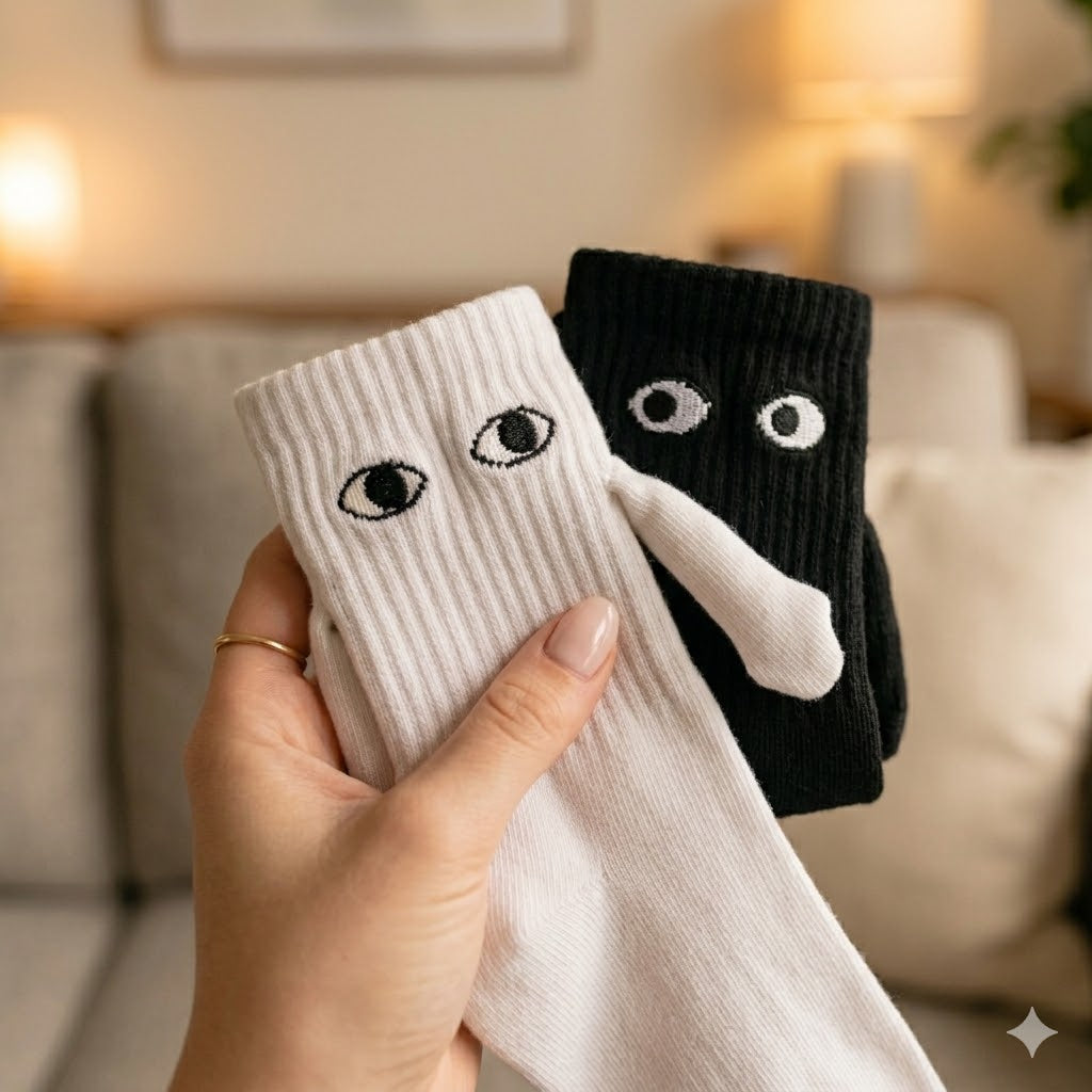 1 Pair Fashion Socks Funny Creative Magnetic Attraction Hands Black White Cartoon Eyes Couples Socks