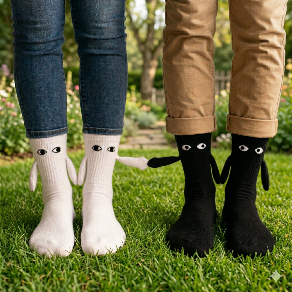 1 Pair Fashion Socks Funny Creative Magnetic Attraction Hands Black White Cartoon Eyes Couples Socks