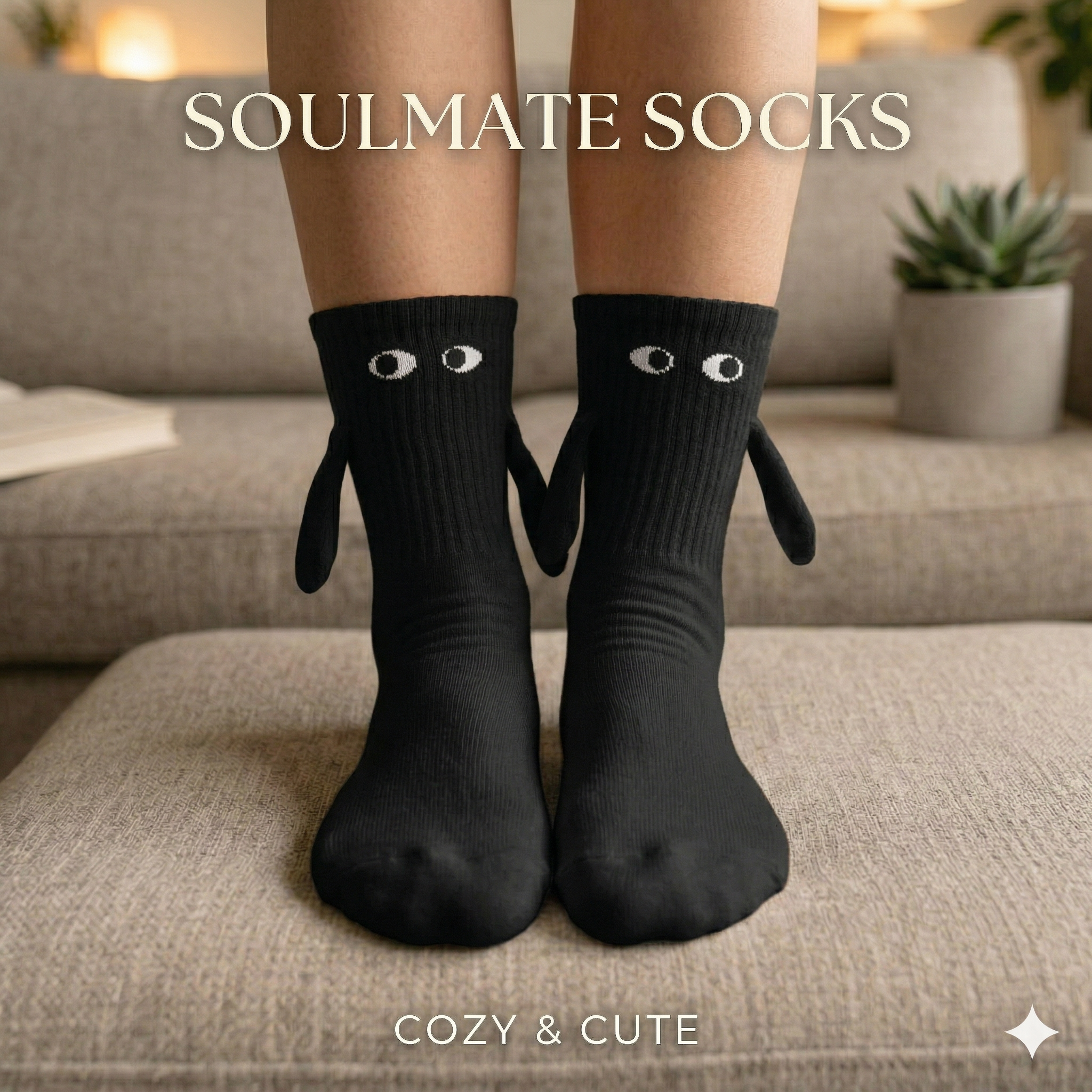 1 Pair Fashion Socks Funny Creative Magnetic Attraction Hands Black White Cartoon Eyes Couples Socks